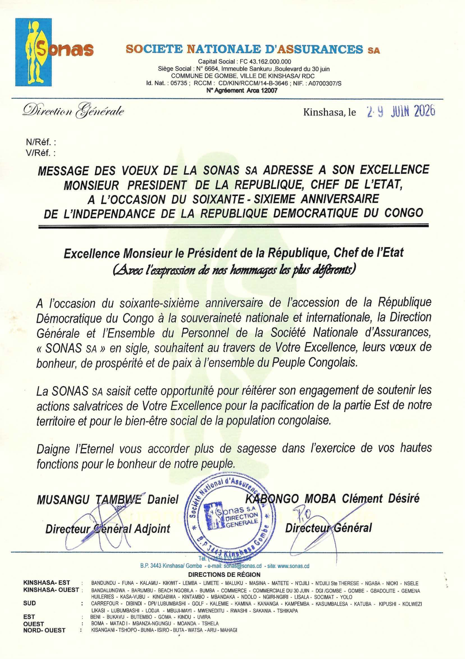Image1-1 Message de voeux de la SONAS SA à Son Excellence Monsieur le Président de la République à l'occasion du Soixante sixième anniversaire de l'Indépendance de la RDC