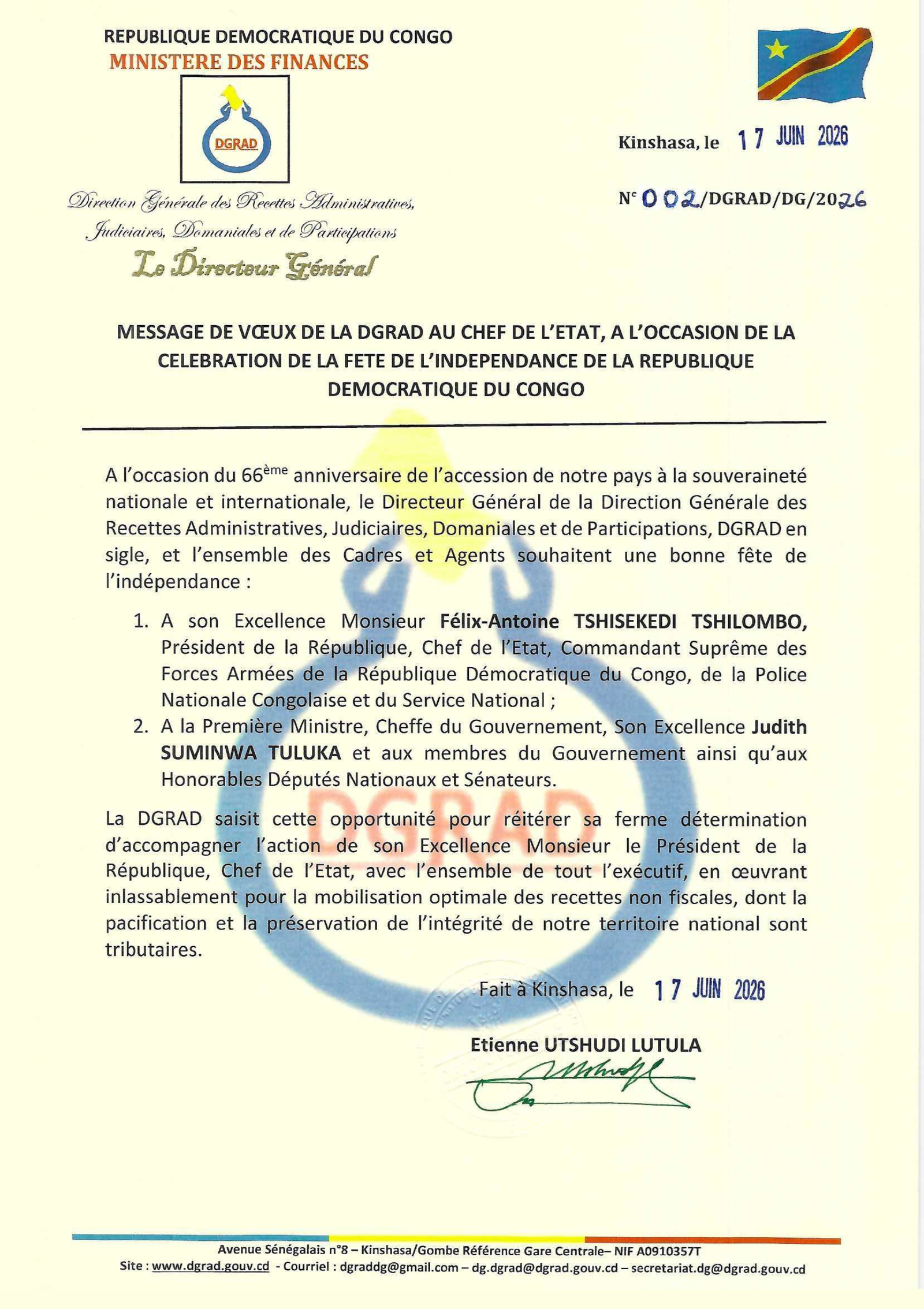 Image1 MESSAGE DE VOEUX DE LA DGRAD AU CHEF DE L'ETAT A L'OCCASION DE LA CELEBRATION DE LA FETE DE L'INDEPENDANCE DE LA RDC