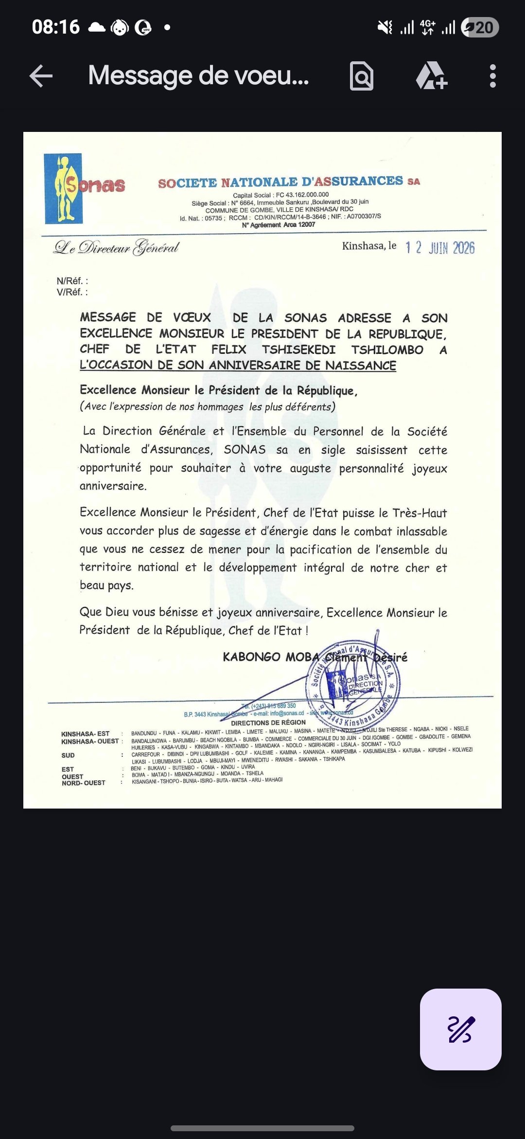 Screenshot_20260613_081608_Drive MESSAGE DE VŒUX DE LA SONAS ADRESSE A SON EXCELLENCE MONSIEUR LE PRESIDENT DE LA REPUBLIQUE CHEF DE L'ETAT FELIX TSHILOMBO TSHISEKEDI A L’OCCASION DE ANNIVERSAIRE DE SON NAISSANCE